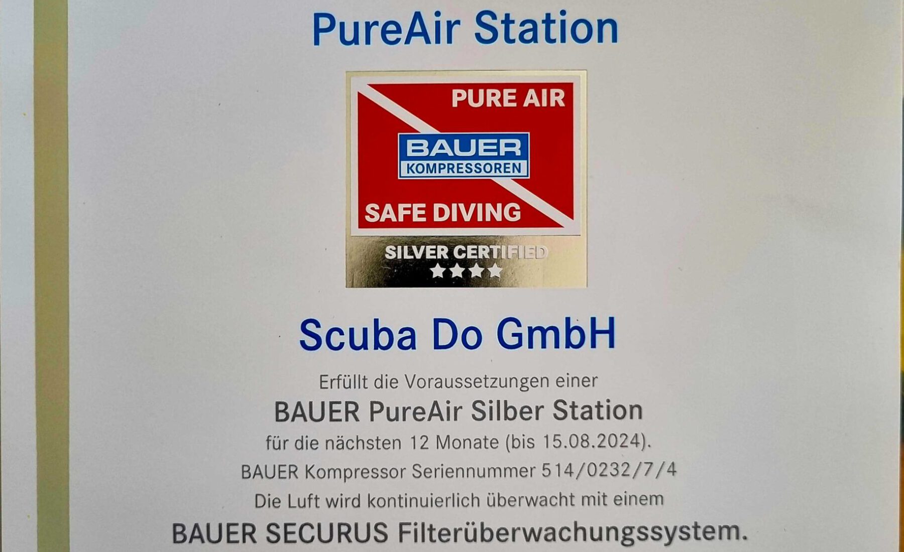 Scuba Do ist auch in 2023/2024 eine Bauer PureAir Station